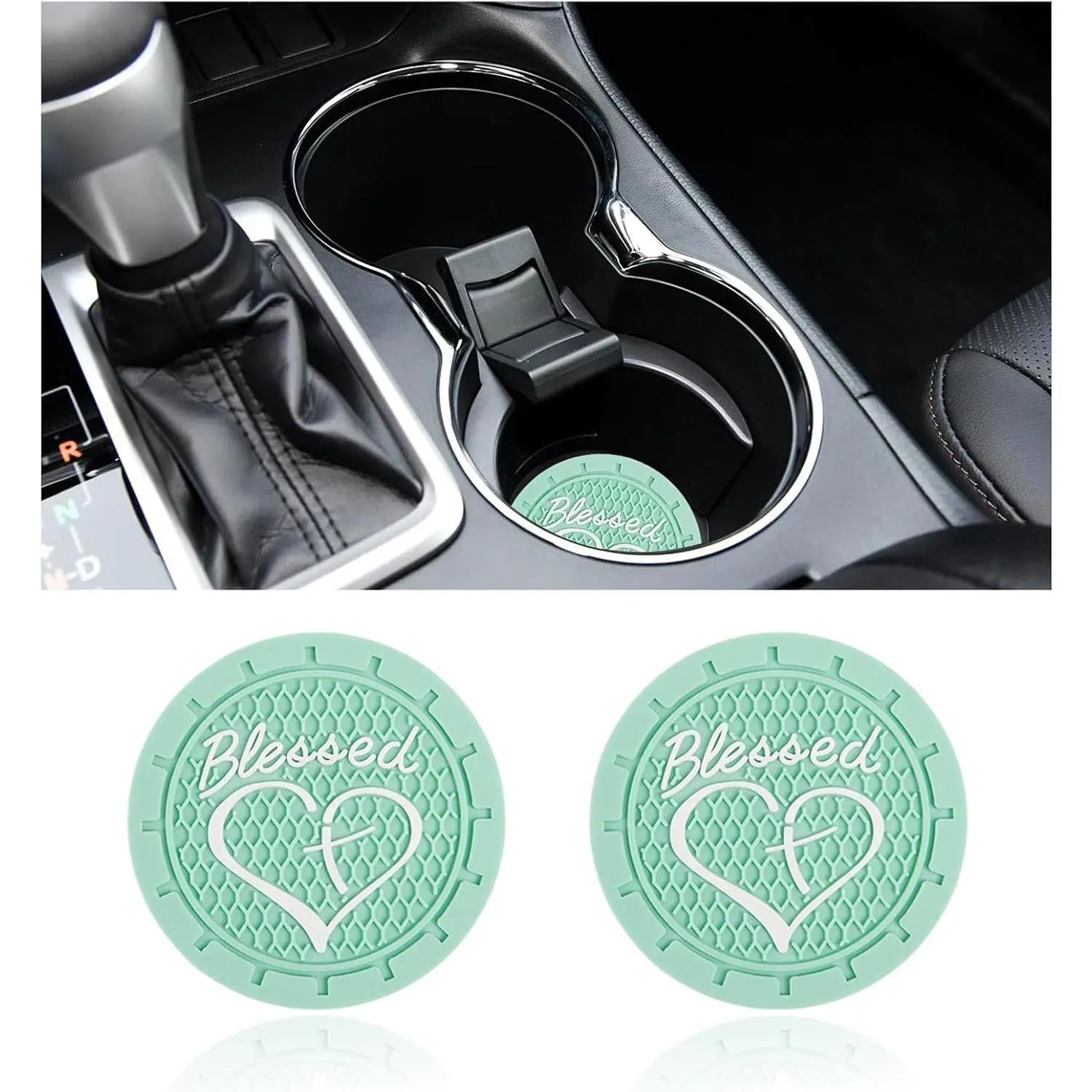 2 count  Cup Holder Coaster, 2.76 Inch Blessed  and Heart Christian Drink Mat, Soft PVC Non-Slip Shockproof Insert Cup Coaster for Women Girls, Interior  Accessories (Green)