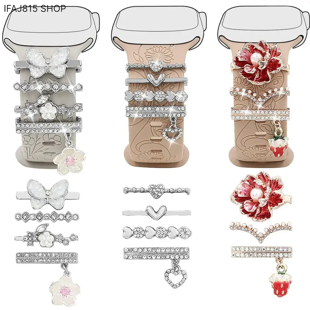 Butterfly Strawberry Watch Band Charms for Women & Girls, Heart Flower Rhinestone Watch Strap Decor, Coquette Aesthetic Smart Watch Accessories, Cute Apple Watch Charms for Daily Wear, Birthdays and Gifts