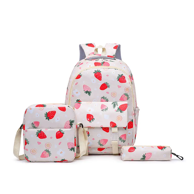 3 Pcs Strawberry Print Backpack Set, Cute Fruit School Backpack with Crossbody Bag & Pencil Case for Teens