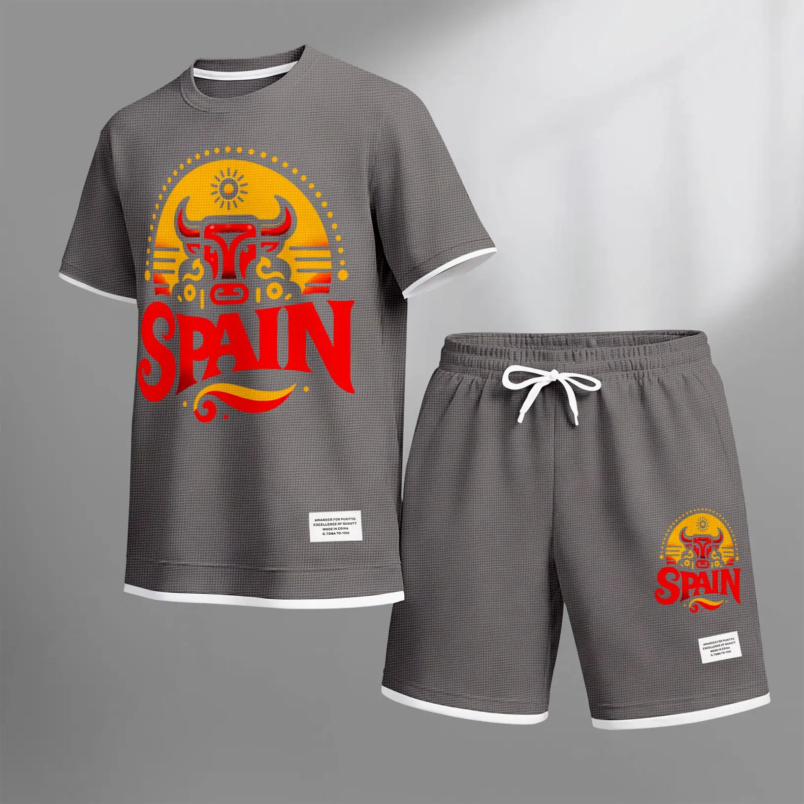 Men’s ESPANA Graphic Two Piece Set, Oversized Tee and Shorts Outfit with Bold Spain Letter Print, Casual Streetwear Style for Summer Travel, Beach Days, Vacation and Everyday Wear.