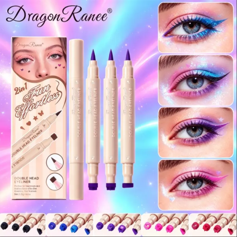 Dual End Stamp Liquid Eyeliner, Fun Pattern Eye Makeup Tattoo Stamp Pen with Star Heart Butterfly Triangle Seal, Vibrant Colored Waterproof Eyeliner for Halloween Carnival Party Cosplay, Beginner Friendly Eye Makeup Tool