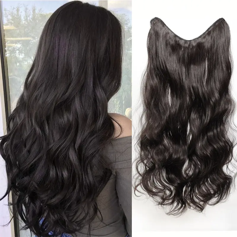 V Shape Clip In Hair Extensions, Dark Brown Loose Wavy Long Curly Hair Piece For Women, Invisible Wire No Clip Synthetic Hair Extensions, Heat Resistant Natural Daily Volume Hairpiece