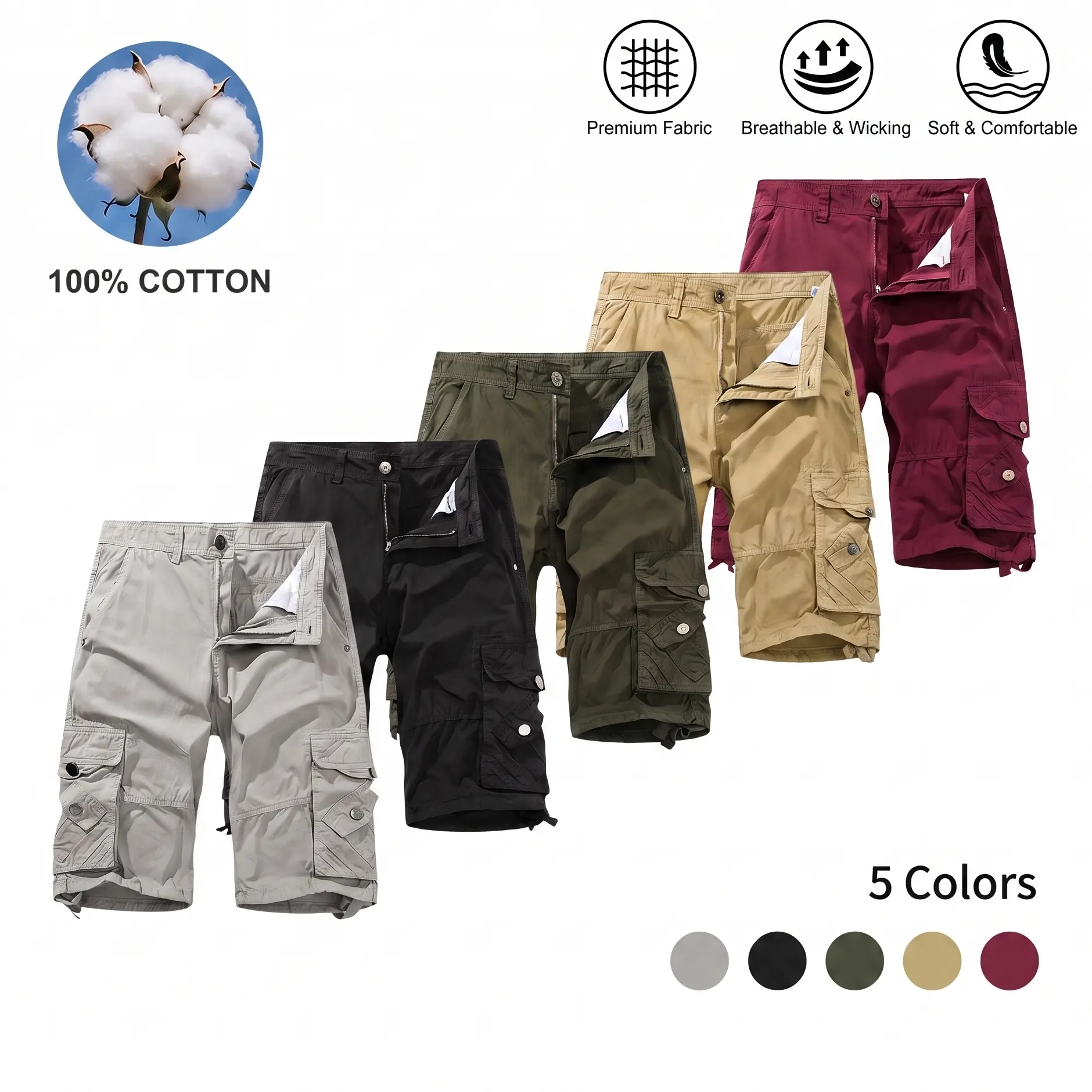 Pure cotton men's multi-pocket work shorts