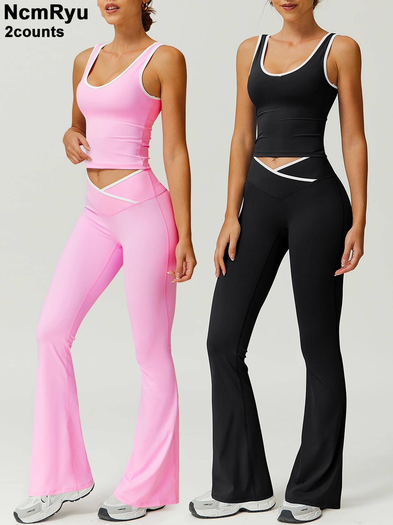 Two-Piece Set Women's Patchwork High Elastic Soft U-Neck Wide Shoulder Strap Vest Cross Waist Top Hip Flared Pants Yoga Clothes Four Seasons Running Gym sports training all-match vest, Workout Running Outfits, Activewear Set, Athleisure Sportswear Set