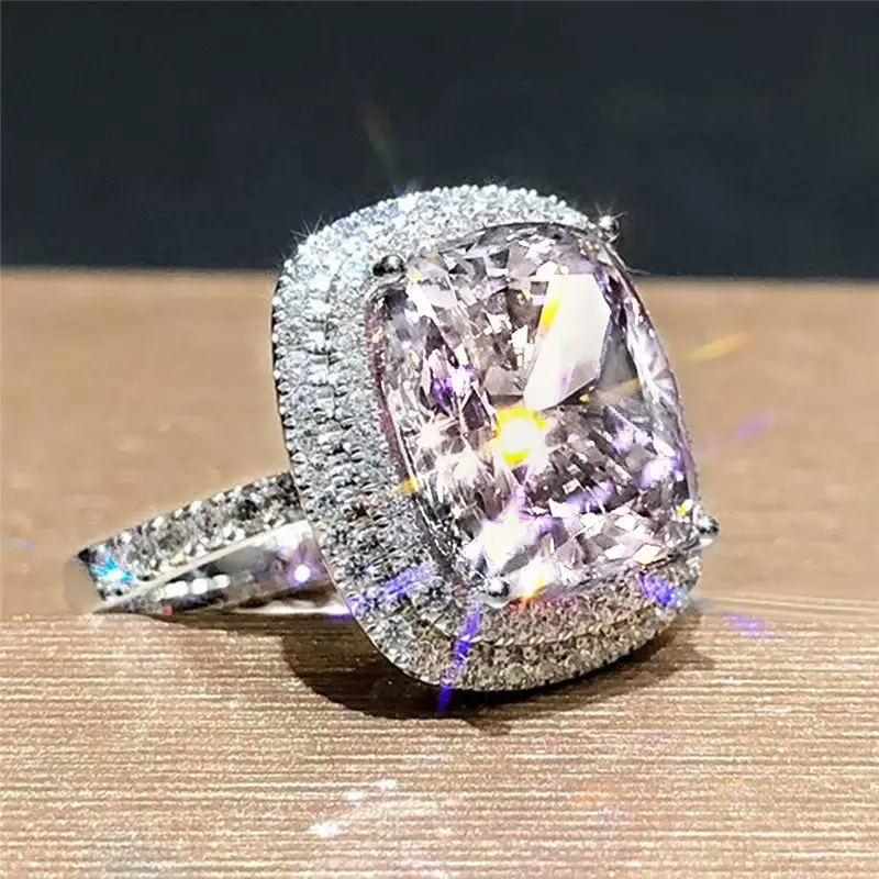 5A grade zirconia, light luxury with a high-end feel, dazzling and charming pink crystal ring for women, square shape, fully encrusted with diamonds, stylish and versatile, suitable for daily wear, available in three colors, a preferred gift for women
