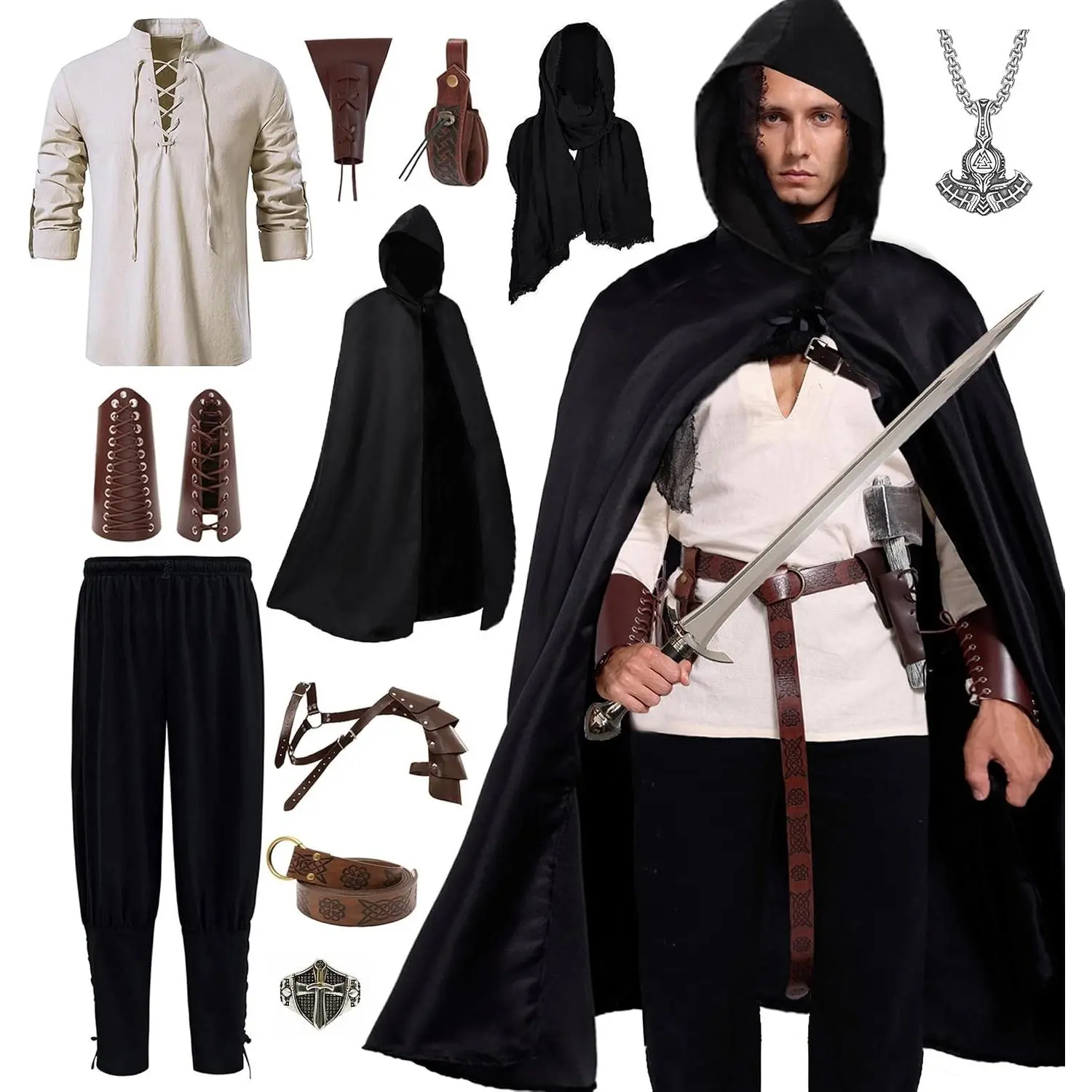Men's 10-Piece Renaissance Medieval Pirate Viking Costume Set with Shirt and Ankle Banded Pants(Gift)
