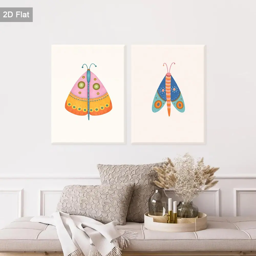 2 Piece Framed Butterfly Wall Art, Colorful Canvas Poster, Cartoon Style Print, Watercolor Art, Home Decor for Living Room, Bedroom, Office, Bathroom