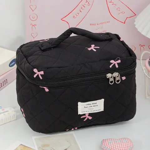 Women's Bow Embroidered Quilted Makeup Bag Set, Large Capacity Cosmetic Bag with Handle, Travel Toiletry Bag, Mini Travel Makeup Case Pouch, Travel Cosmetic Bags, Travel Essentials