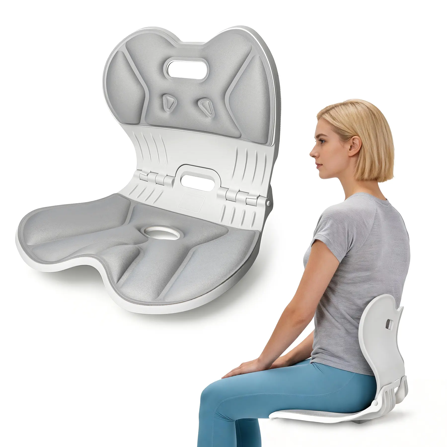 【CARHOME】Foldable Chair Cushion with Lumbar Back Support, Ergonomic Office Chair Cushion with Lumbar Pillow, 360° Rotating Base Posture Corrector for Desk Chair, Floor Seat, Office Work, Homework, Back Pain Relief