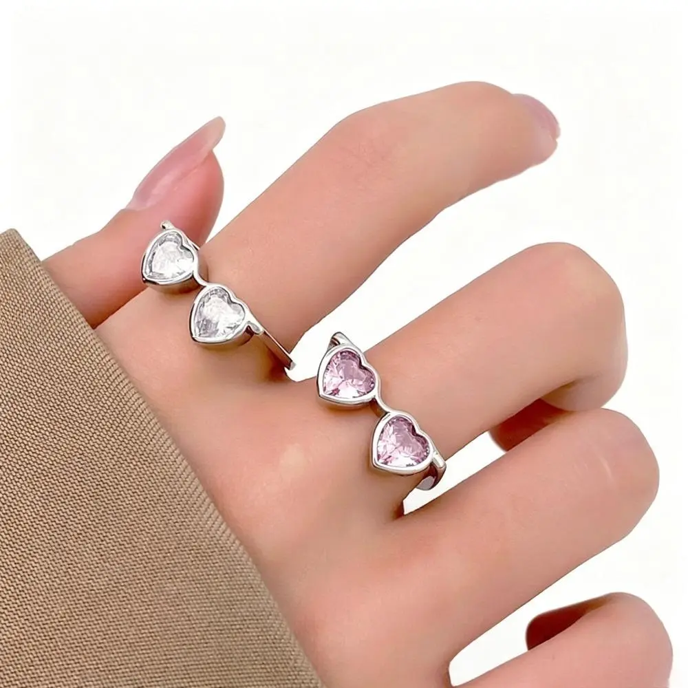2PCS Mini Heart Zircon Eyeglasses Open Adjustable Index Finger Rings for Women, Approx 2.3g Each Creative Statement Jewelry, Trendy Unisex Matching Couple Rings