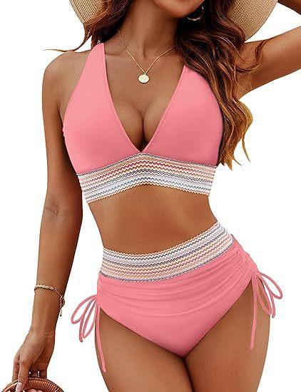 European and American style two-piece swimsuit for women, sexy solid color V-neck tight-fitting backless high-waisted bikini,   women's swimsuit