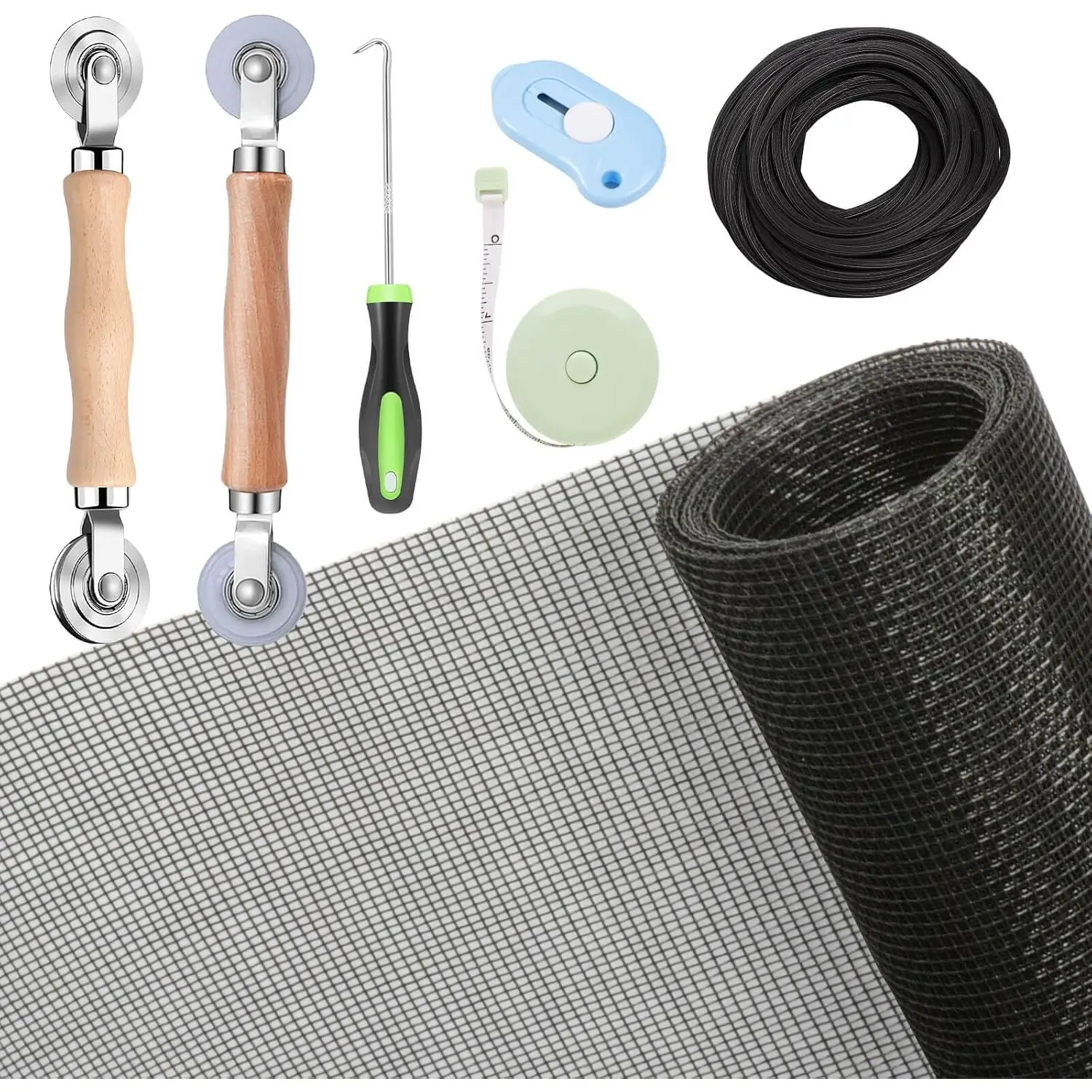 Windows Screen and Screen Door Repair Kit, 48"x118" Charcoal Fiberglass Mesh with Rolling Tool/Hook/Ruler//Spline - Window Screen & Screen Door for Windows,