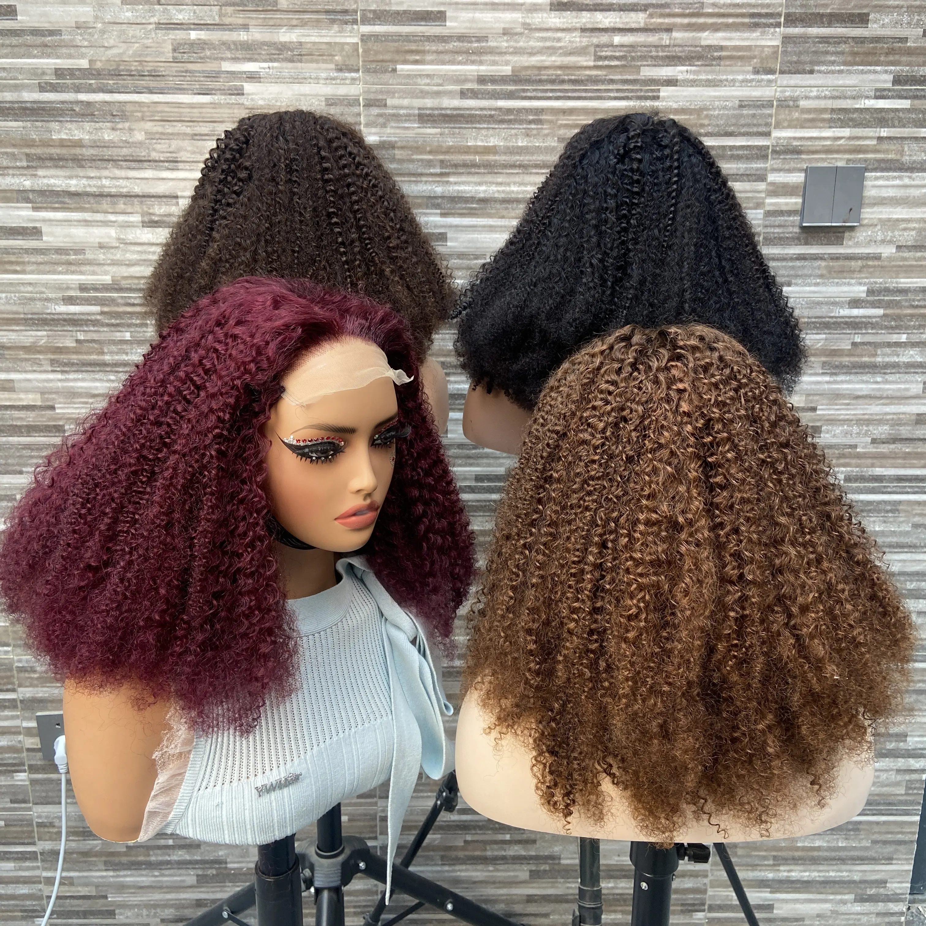 YWhair 5*5 Afro Kinky Curly Glueless Lace Human Hair Wig Nc# 4# 2# 99J Colors Wig Brazilian Hair 18inch Transparent Lace 100% Human Hair Wigs for Black Women