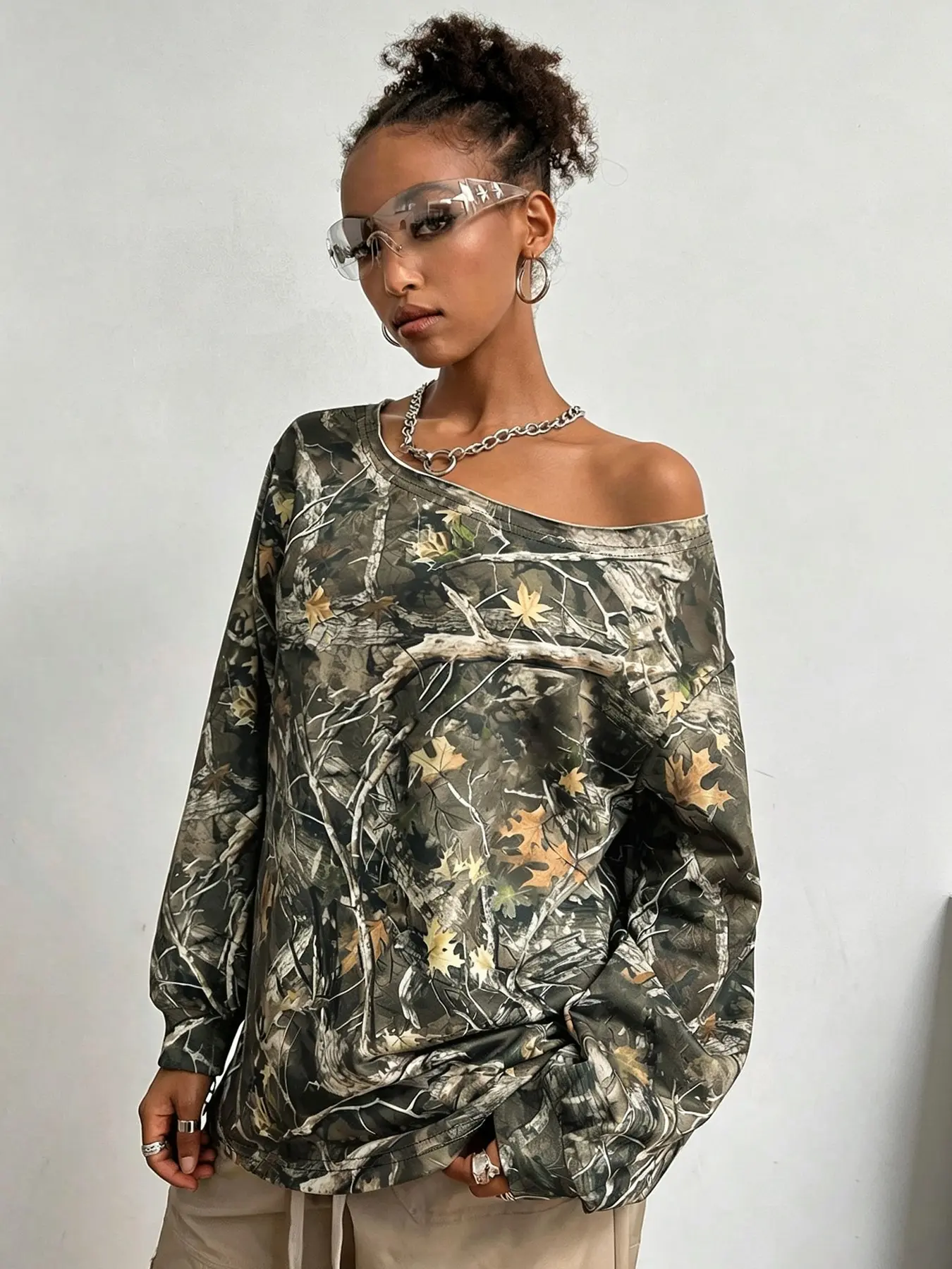 Women's Pullover Sweatshirt, Long Sleeve, Branch Texture Print, Fashionable and Comfortable, Casual Streetwear, Hip Hop, Dance, Motorcycle, Campus Style