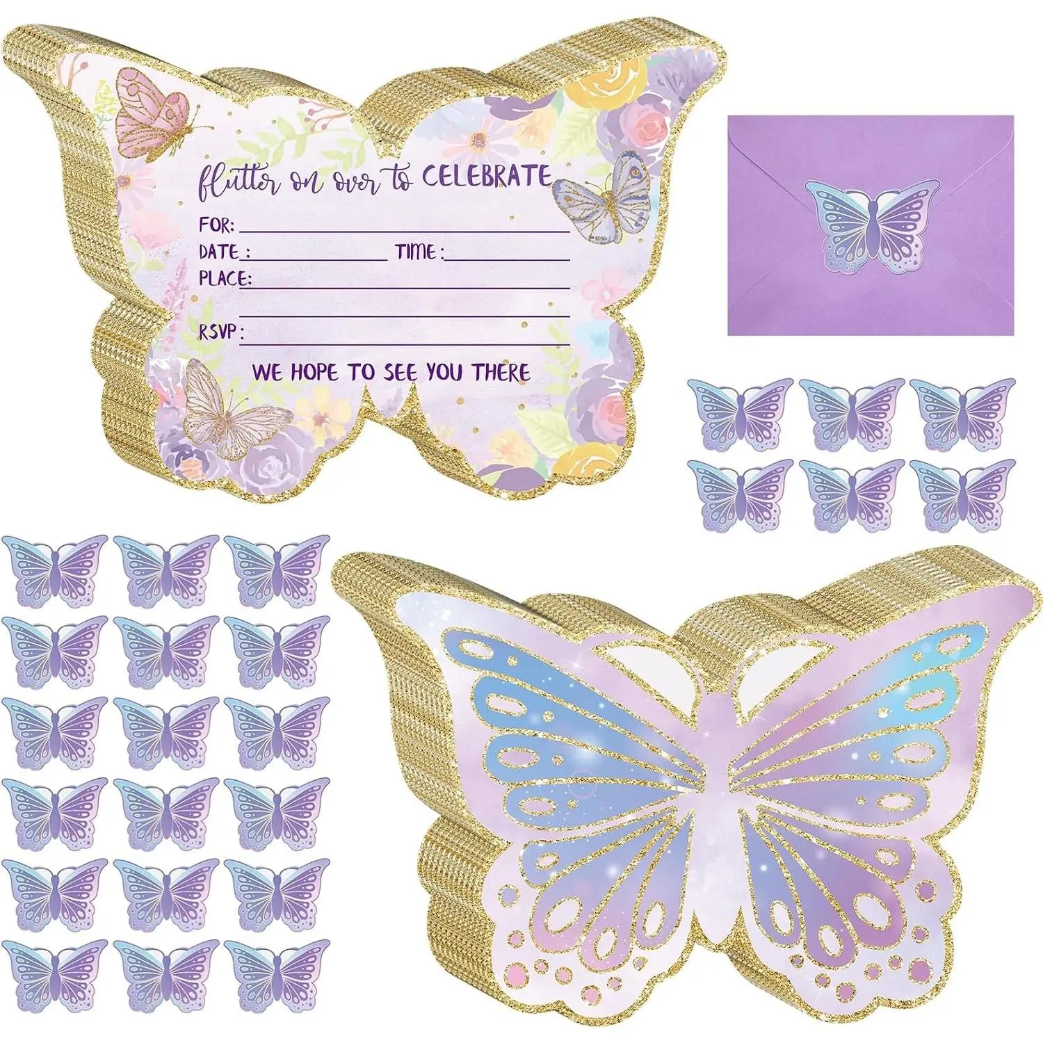 24 Sets Butterfly Birthday Invitations with Envelopes & Stickers for Girls, Butterfly Shape Party Invitation Cards Bulk, Purple & Glitter Gold, for Birthday Party, Baby ShowerGift