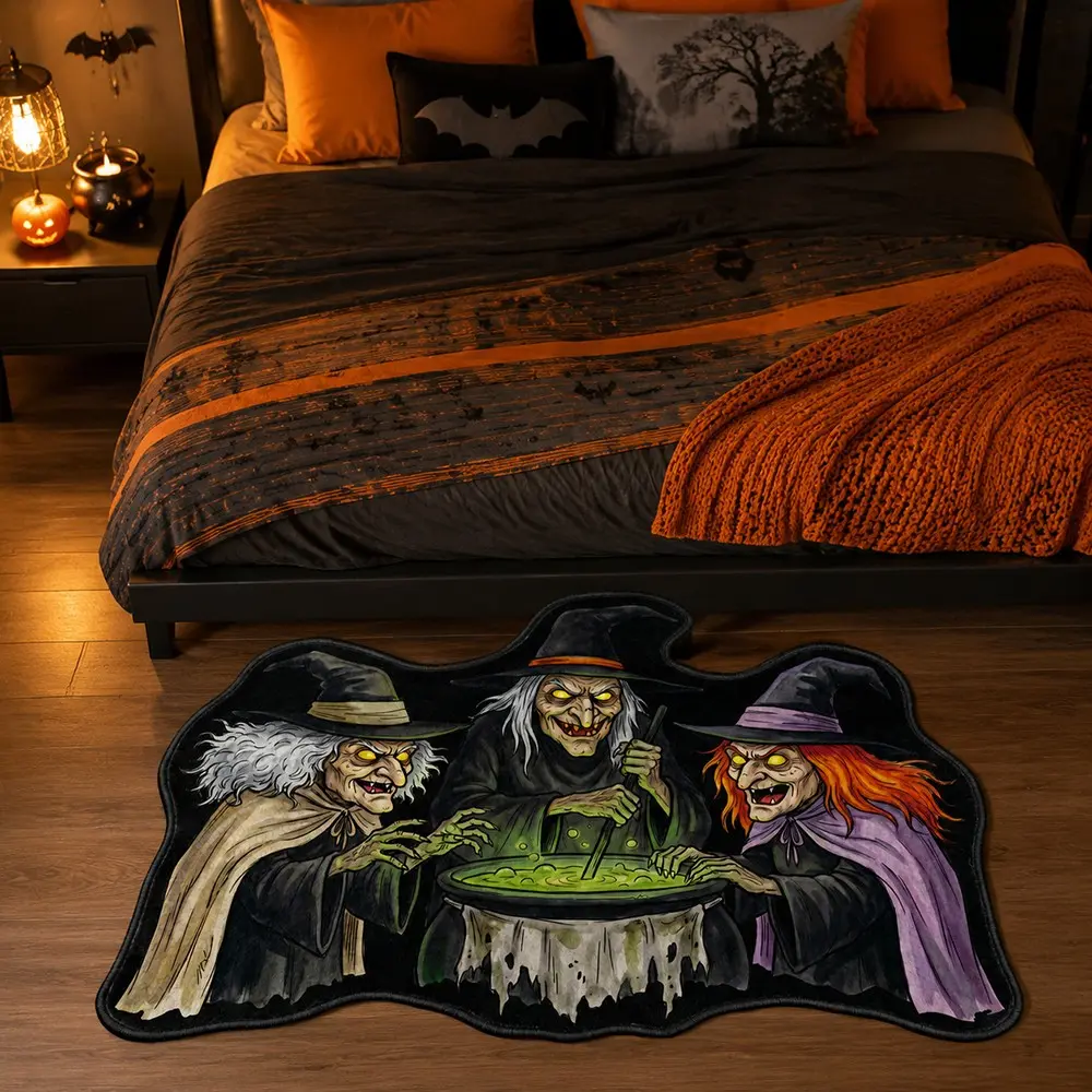 Halloween Three Witches Cauldron Shaped Velvet Rug, Gothic Spooky Witch Non Slip Bedroom Doormat, Horror Decorative Irregular Floor Mat for Halloween Home Entryway Decor