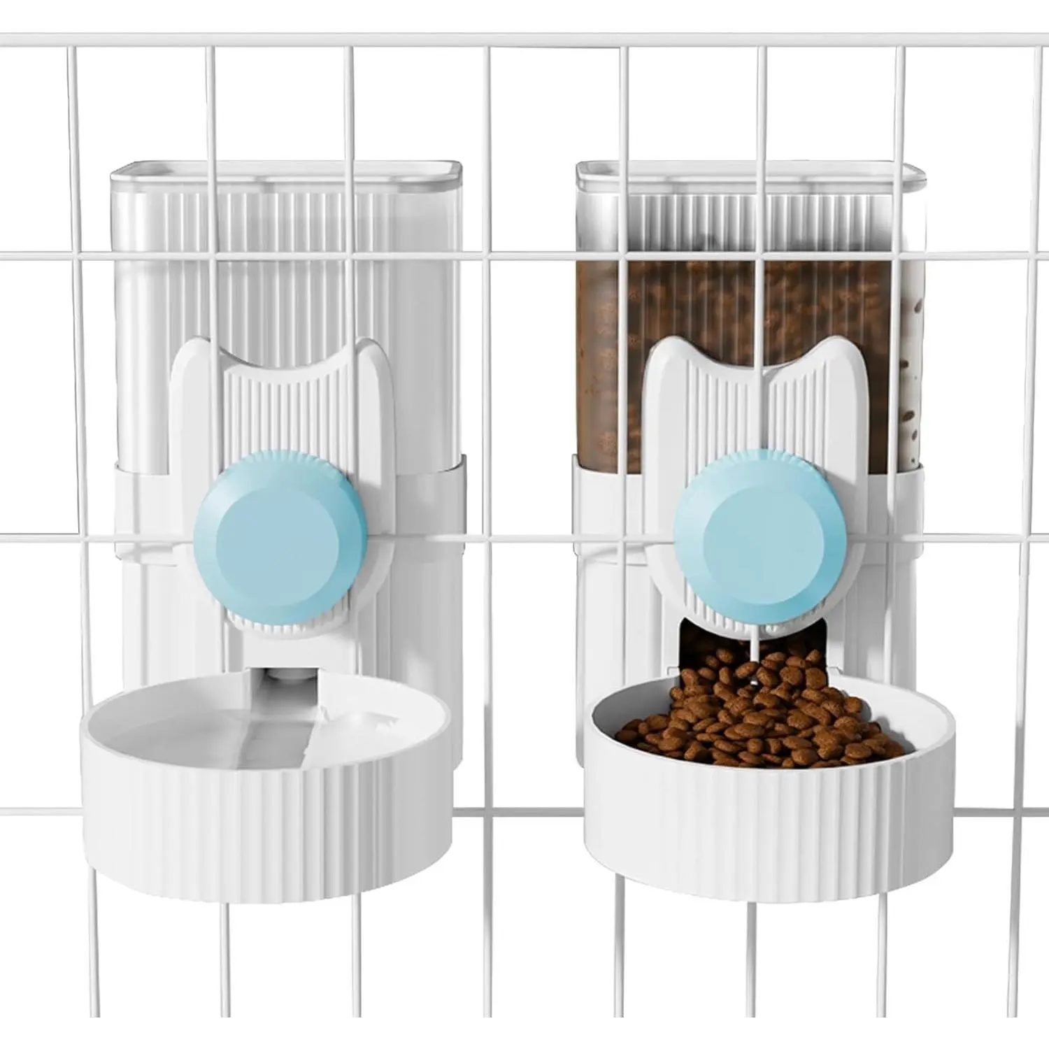 Plastic Hang-On 1L Auto Gravity Small Pet Feeder & Waterer Set, Hanging Cage Kennel Crate Feeding Station with Food Bowl & Water Bottle for Rabbits, Cats (Blue)