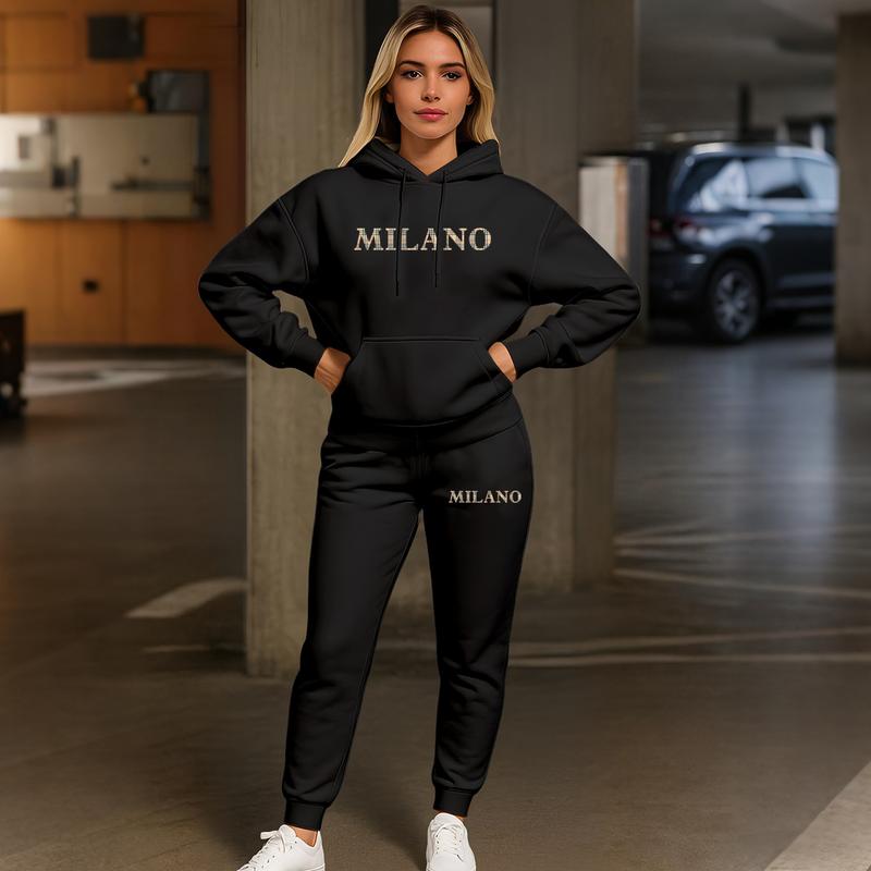 Women's MILANO Print Hoodie And Drawstring Track Pants Set, Casual Sportswear, Long-Sleeved Hooded Jacket And Pants, Suitable For Autumn And Winter, Everyday Wear, Indoor And Outdoor Sportswear, Casual Sportswear.