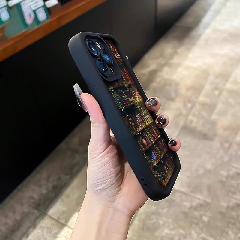 Phone case:Black Creative Bookshelf Book Pattern Anti-Drop Phone Case, Compatible with iiPhone 17 E Air Pro ProMax iPhone16 15 14 Plus 13 12 Mini 11 X XS XR, Aesthetic Black Phone Case, Birthday Gift for Boyfriend/Girlfriend, Cartoon Gift for Him and Her