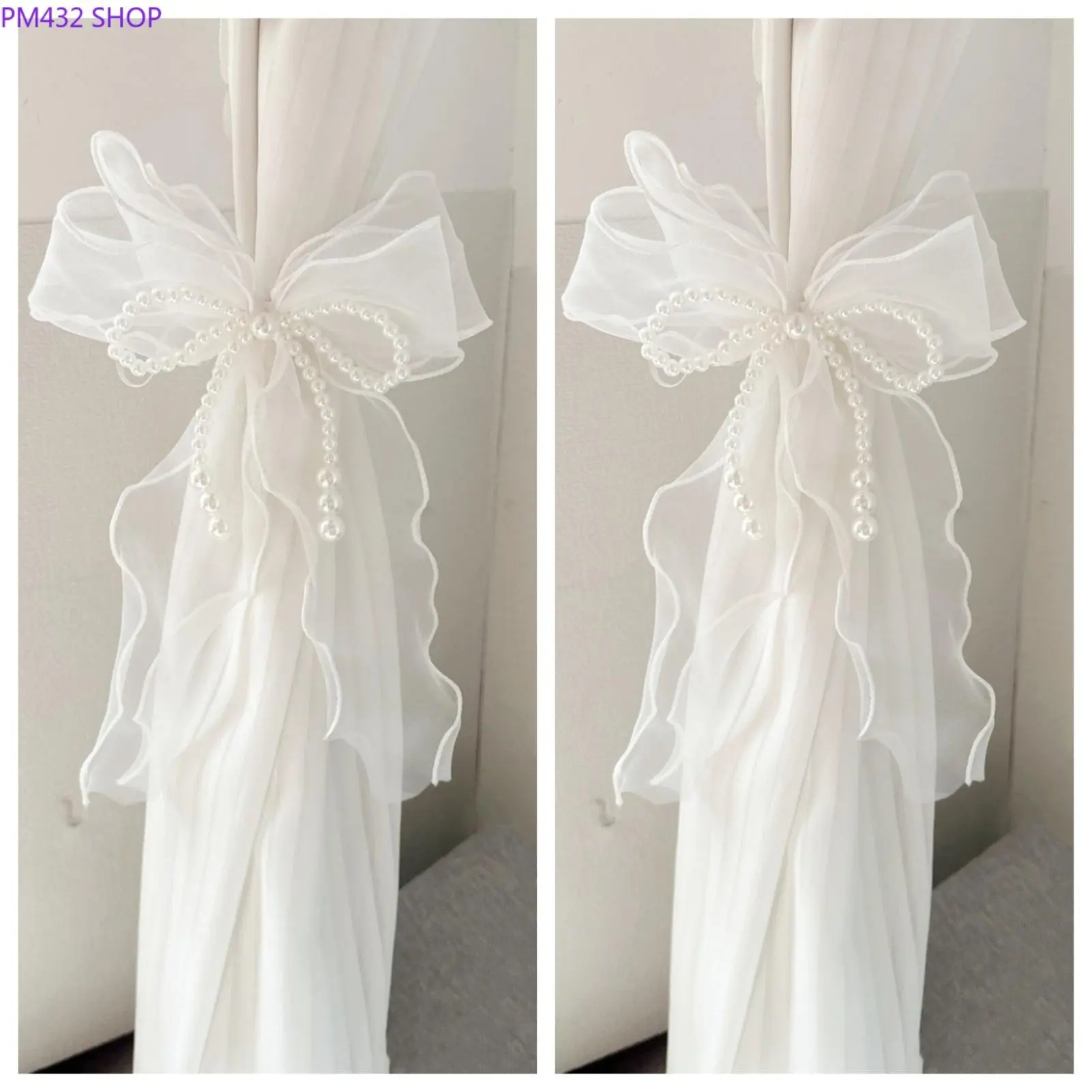 French Lace Pearl Bow Curtain Tiebacks for Sheer Curtains, Elegant Window Drapery Tiebacks for Living Room and Bedroom