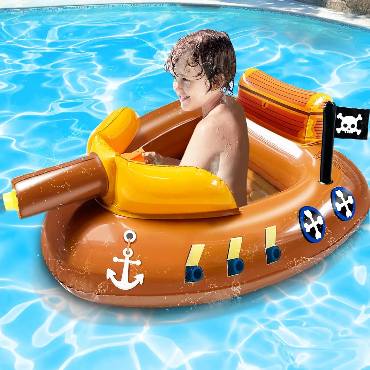 Inflatable Pirate Ship Pool Float for Kids 3-11 Years Toddler with Water Cannon Gun, Swimming Pool Toy Ride-on Floaty Raft with Safety Seat, Summer Outdoor Water Game for Boys Girls Party