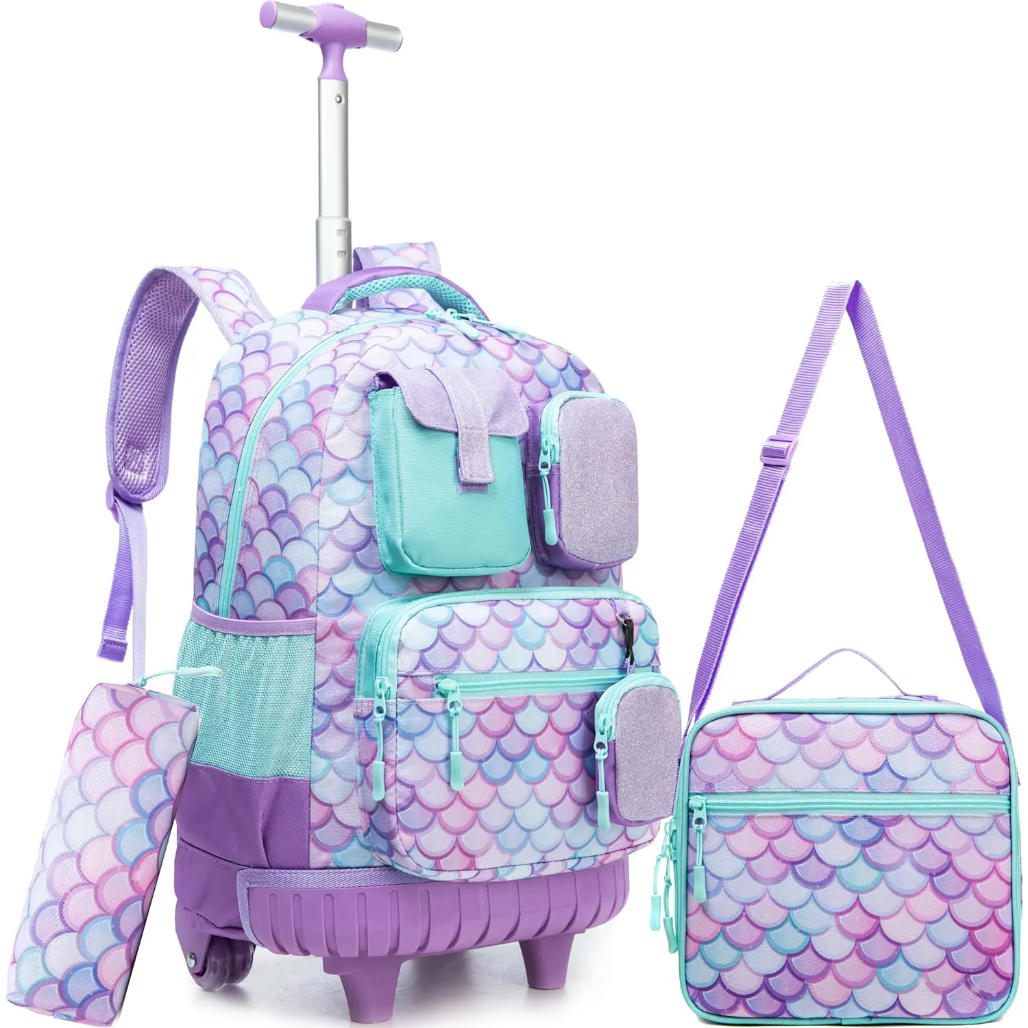 Cute Preppy Mermaid Fish Scales Rolling Backpack 3pcs Set - Purple Pastel, Sturdy Polyester, Moire Print, Safe Materials, Zipper Cargo Multi-Pockets, T-Handle Trolley with Wheels, Lunch Box & Pencil Case for School Use 2026