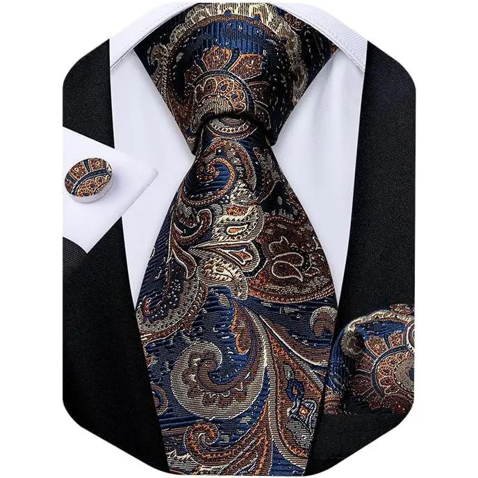 Mens Paisley Tie Sets Silk Jacquard Woven Floral Necktie and Pocket Square Cufflinks Wedding Business Party