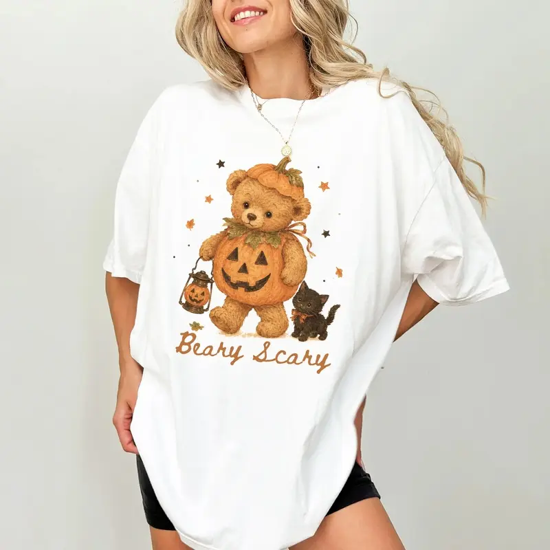 Chic Beary Scary Comfort Colors Shirt, Halloween Bear T-shirt, Cute Halloween Graphic Tee, Spooky Cute Clothing, Halloween Bear And Cat Outfits