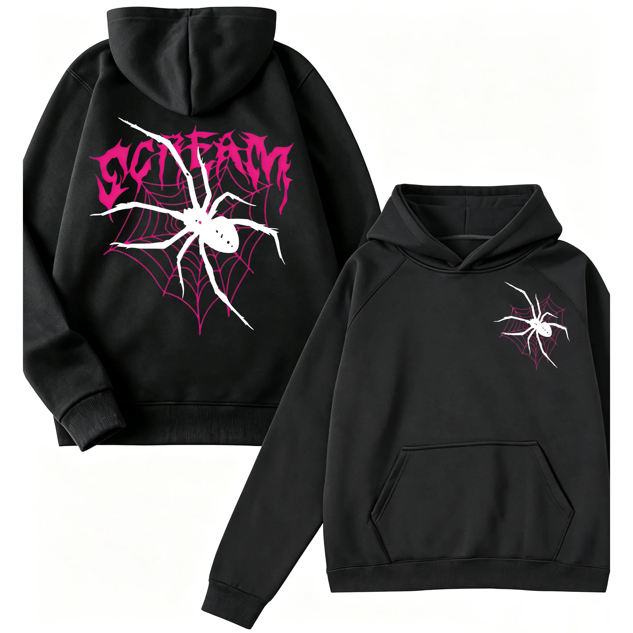 ? ? Pink Heart Spider Web Black Spider Gothic Y2K White Hoodie Grunge Punk UnisexPullover Sweatshirt