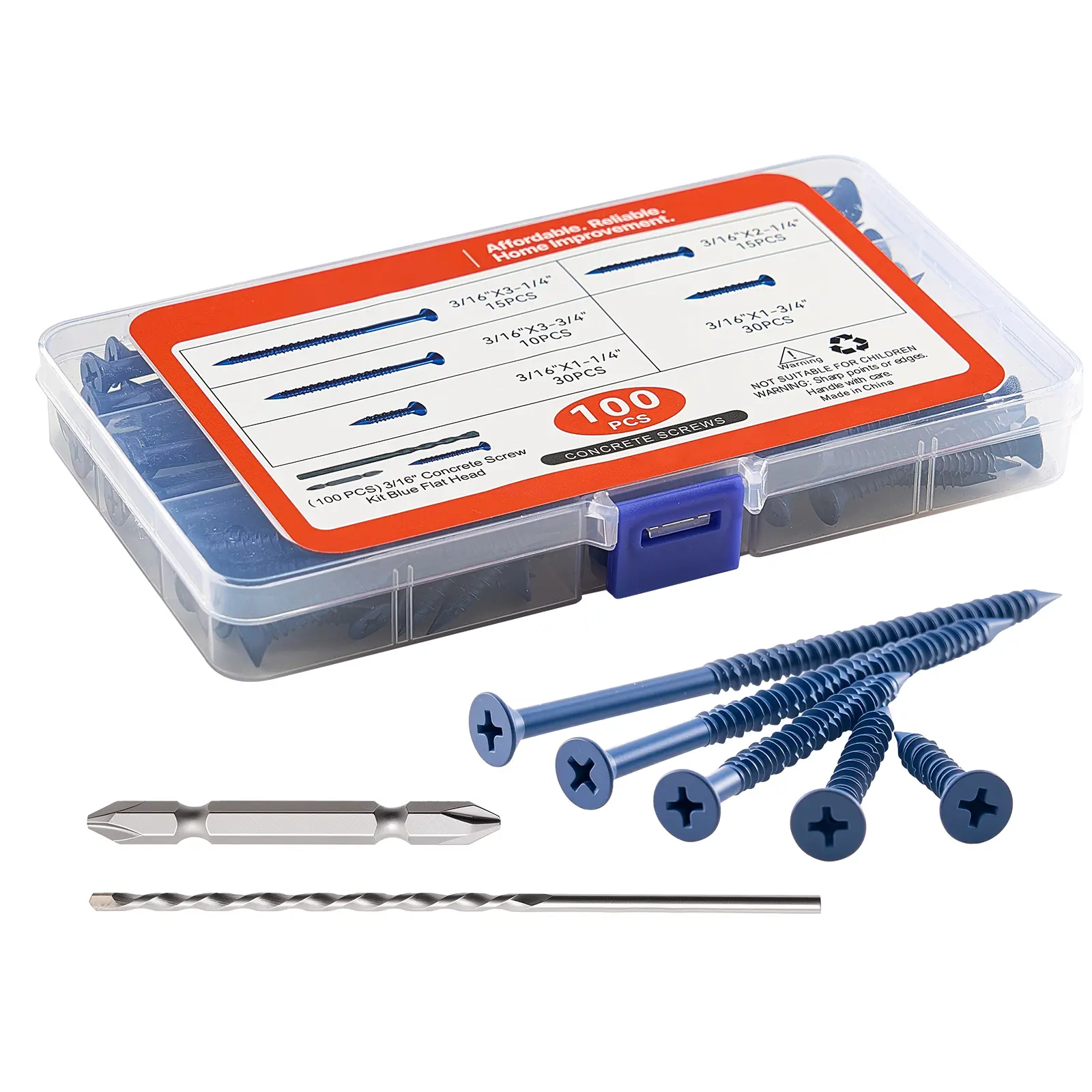 Concrete Screws, 3/16 inch, 100 PCS 5 Different Lengths, Phillips Head, Masonry Screws with Drill Bits, Carbon Steel with Blue Coating, for Anchoring to Concrete, Masonry, Block, Brick and Wood