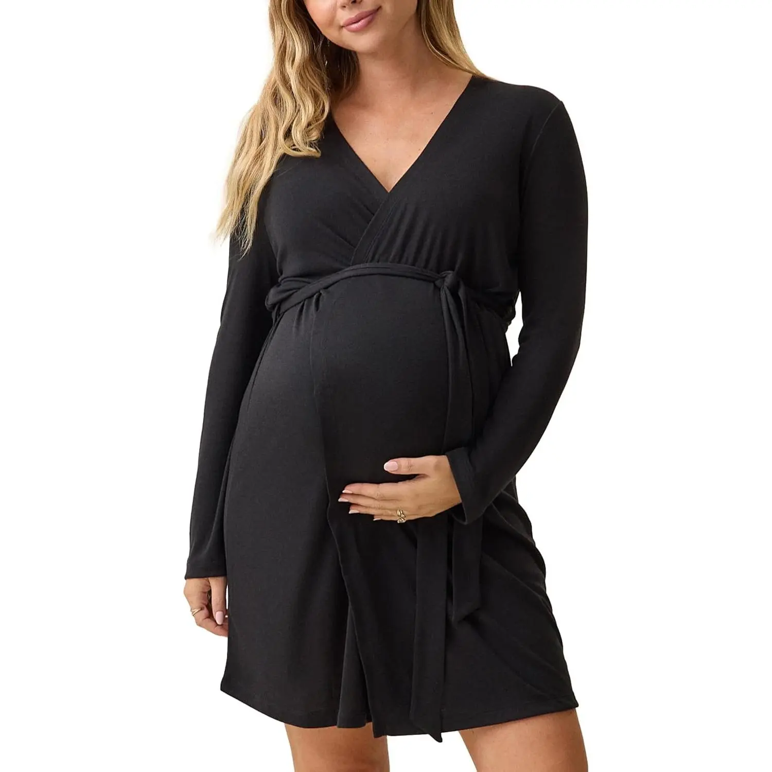 Essentials Ribbed Maternity Nursing Robe for Breastfeeding | Soft lightweight robe with pockets and adjustable waist tie. Breathable lounge and hospital layer for pregnancy to postpartum