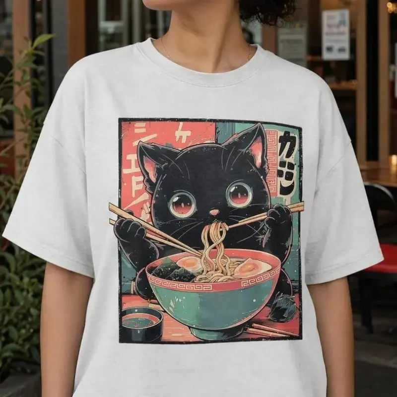 Unisex Vintage Black Cat Eating Ramen Graphic T-Shirt, Japanese Anime Noodle Casual Tee