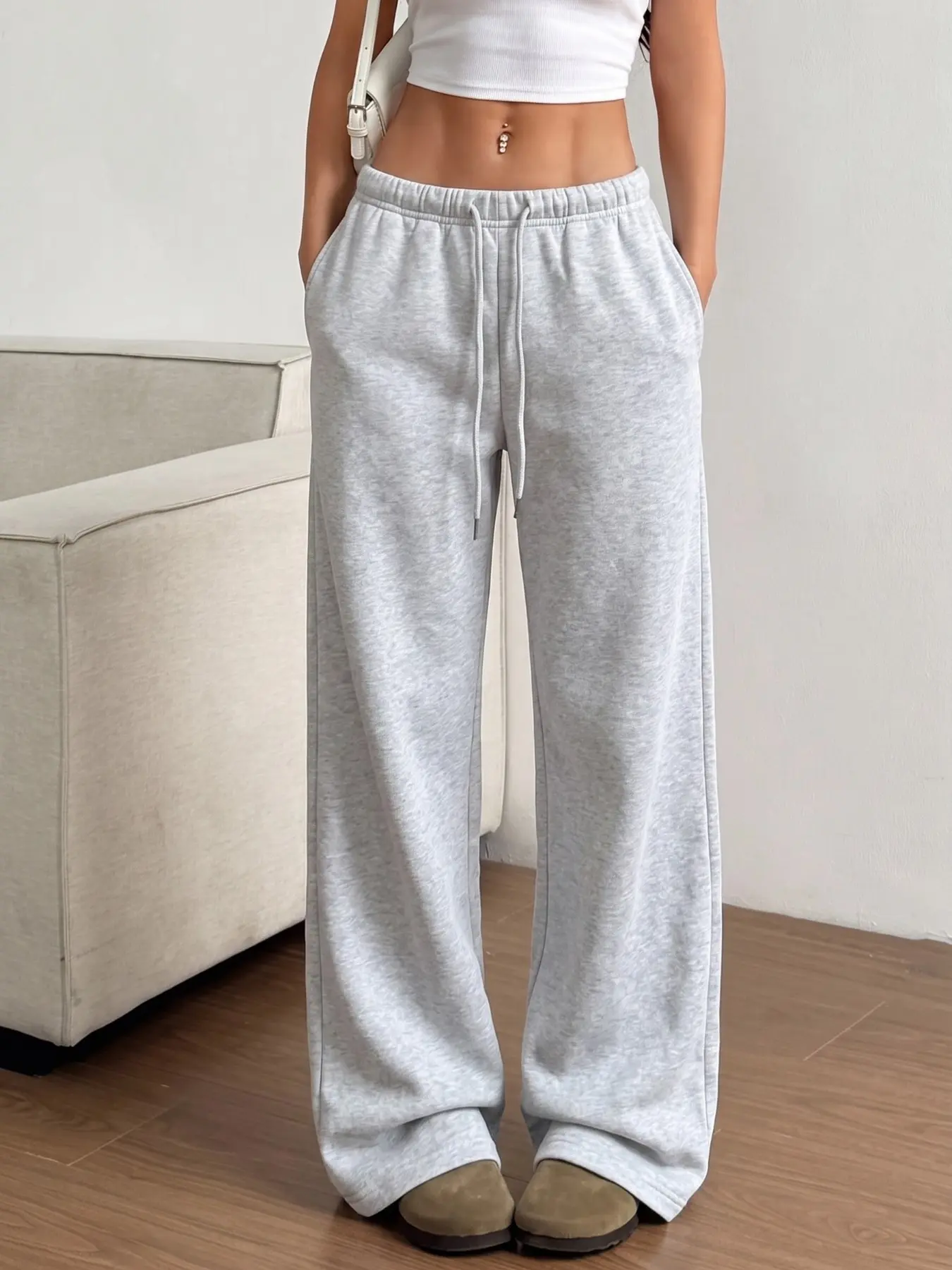 Heather Grey Drawstring Elastic High Waist Baggy Draped Wide Leg Sweatpants, Aesthetic Pilates Princess/Y2K Streetwear Athleisure Loungewear, Loose Fit Side Pockets Casual Daily/Gym/WFH Outdoor Street Women Trousers For Ladies Trendy Everyday Outfit