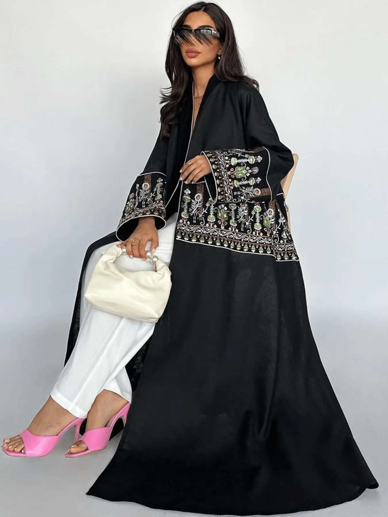Hafizah Vintage Ethnic Floral Embroidered Long Cardigan, Loose-Fitting Wide Sleeve Outerwear, All Seasons Women's Fashion, Elegance