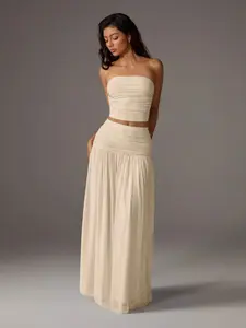 Women's Mesh Solid Color Halter Top and Long Dress Two-Piece Set, Elegant Chic Evening Wear, Comfortable and Stylish