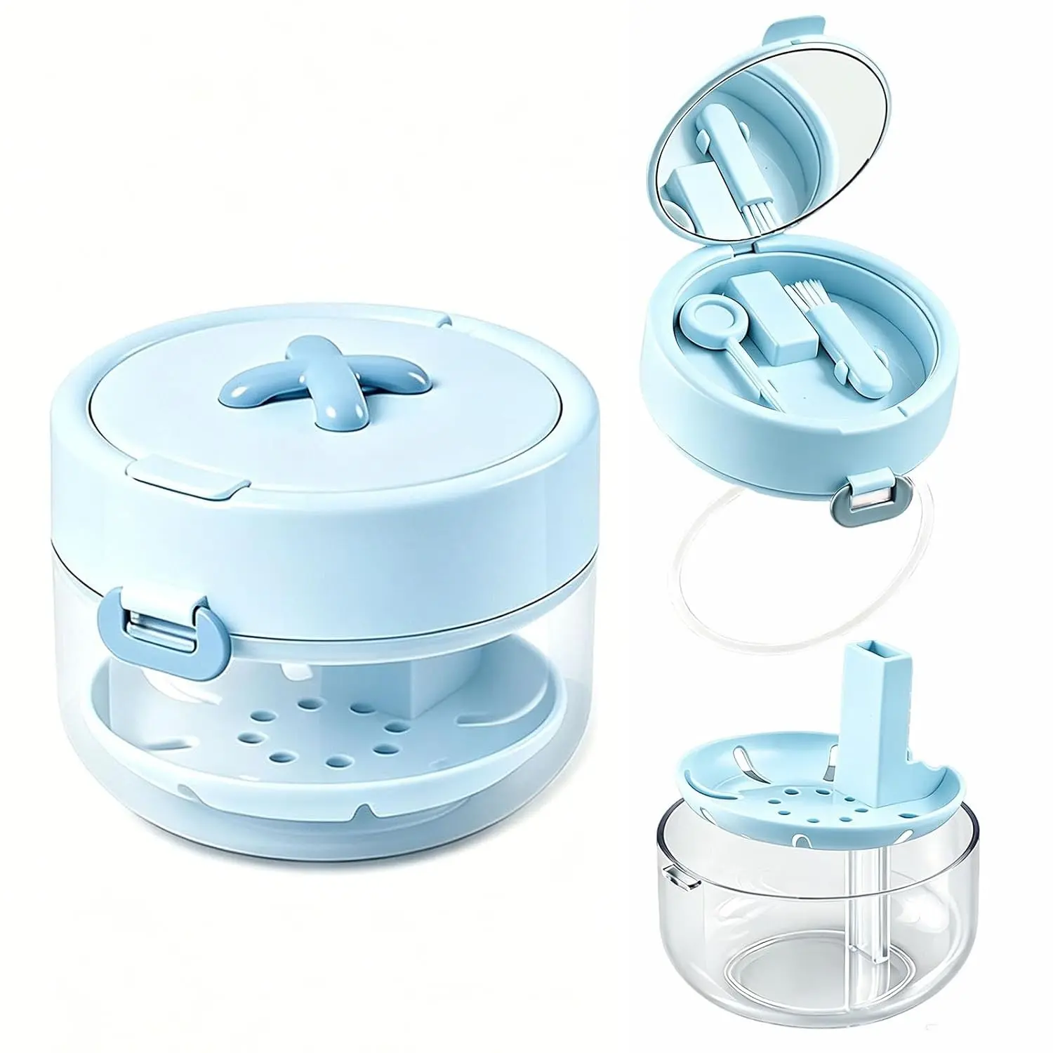 Retainer Cleaner Case Box, Oral Storage Soak Container with Drain Tray, Travel Cleaning Kit with Mirror and Brush, Essential Orthodontic Care Tool