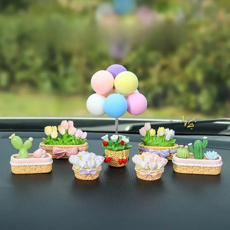 Cute Mini Car Ornaments, Tulip Succulent & Strawberry Figurines, Dashboard Decor for Vehicles