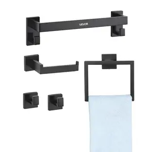 VEVOR Matte Black Bathroom Hardware Set, 5 Pieces Stainless Steel Bathroom Accessories Set, 24 - inch Towel Bar, Towel Rack, 2 Robe Towel Hooks, Toilet Paper Holder, for Bath Room, Wall Mounted