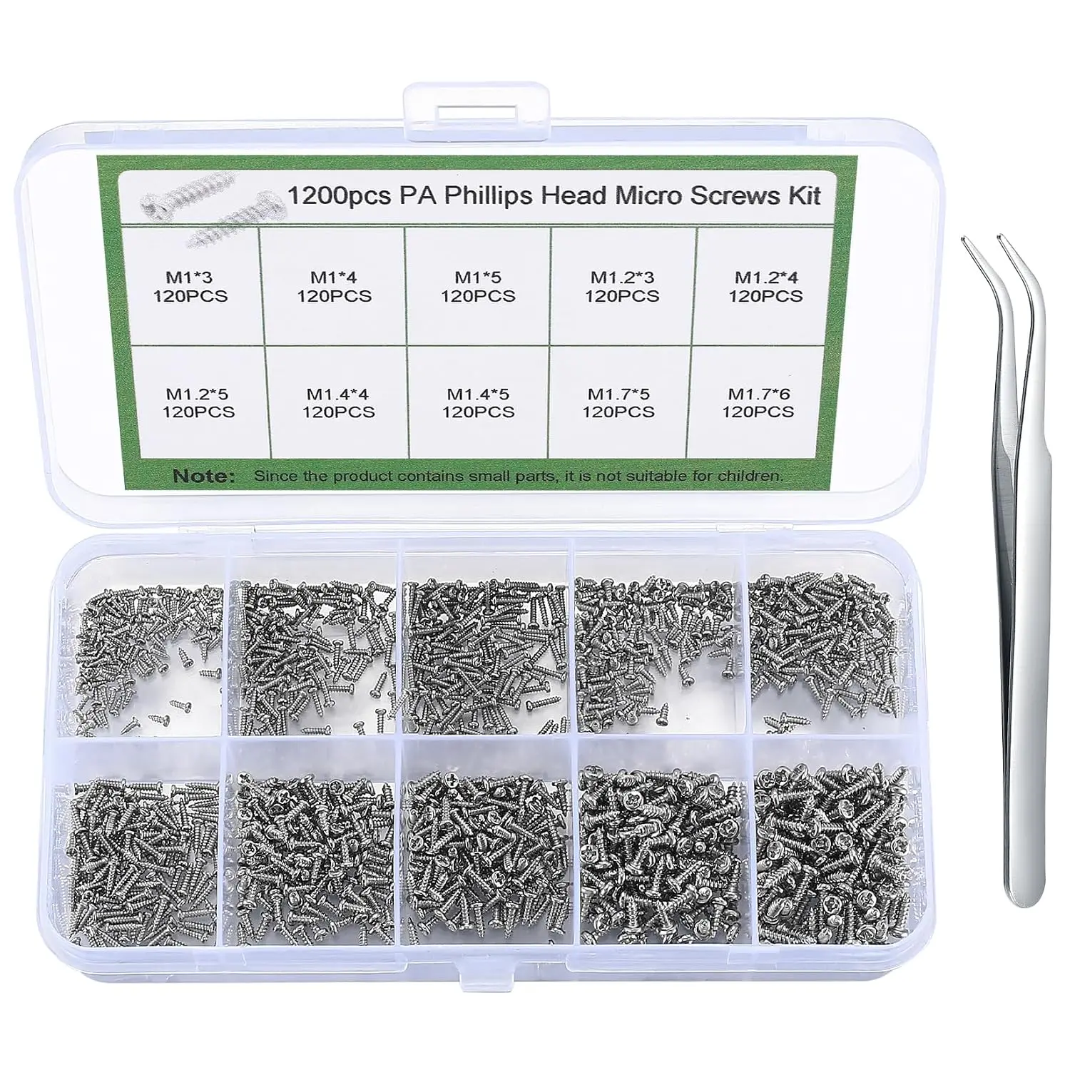 1200 count Mini Screw Kit -  Pan  Screws for Electronics & Repair | Includes M1/M1.2/M1.4/M1.7 screws,  for sunglasses, watches, electronics and small repair projects.