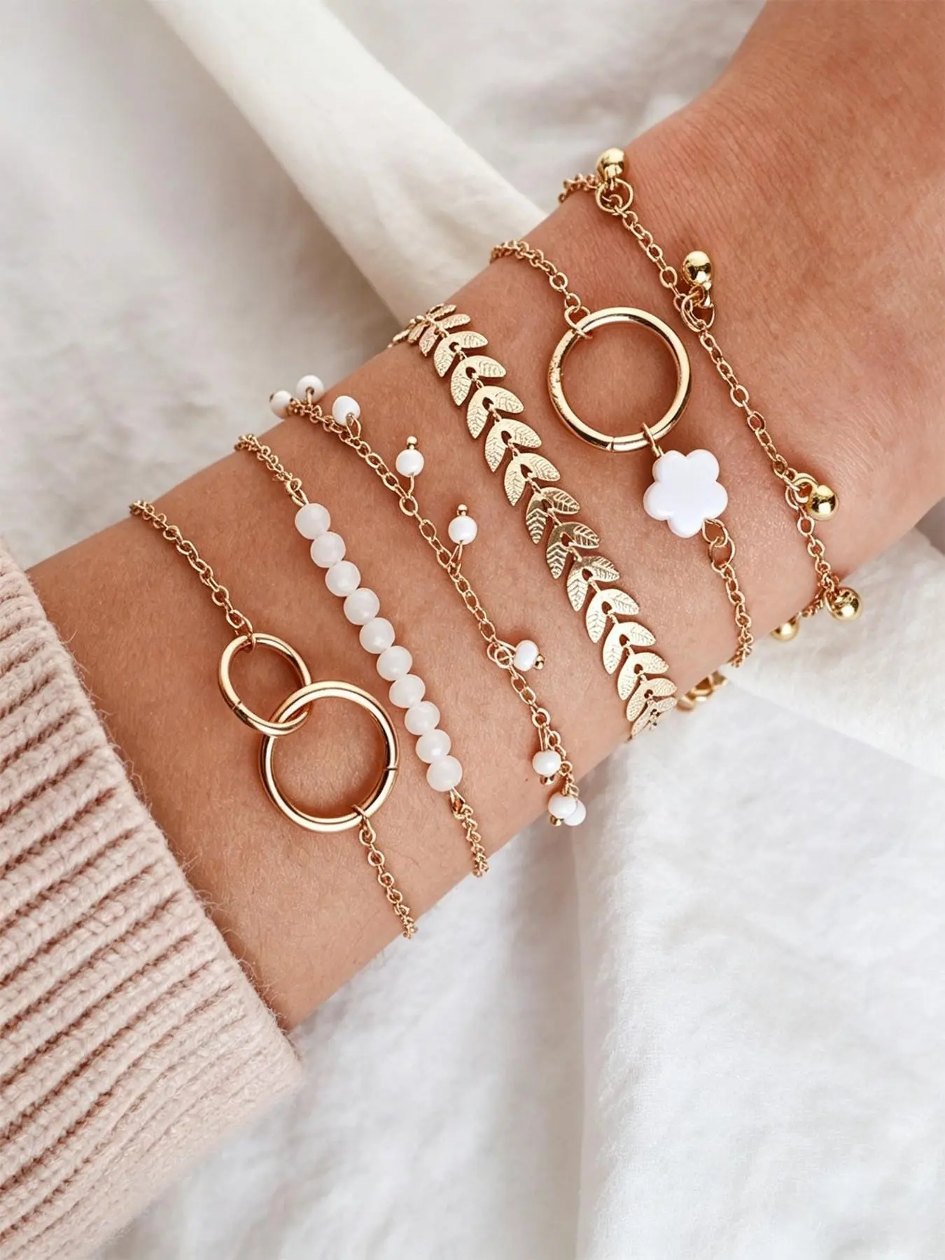 6pcs Circle Bracelet Set, Vintage Layered Fishbone Chain, Flower & Leaf Design, Eco-Friendly Fashion Jewelry Accessories
