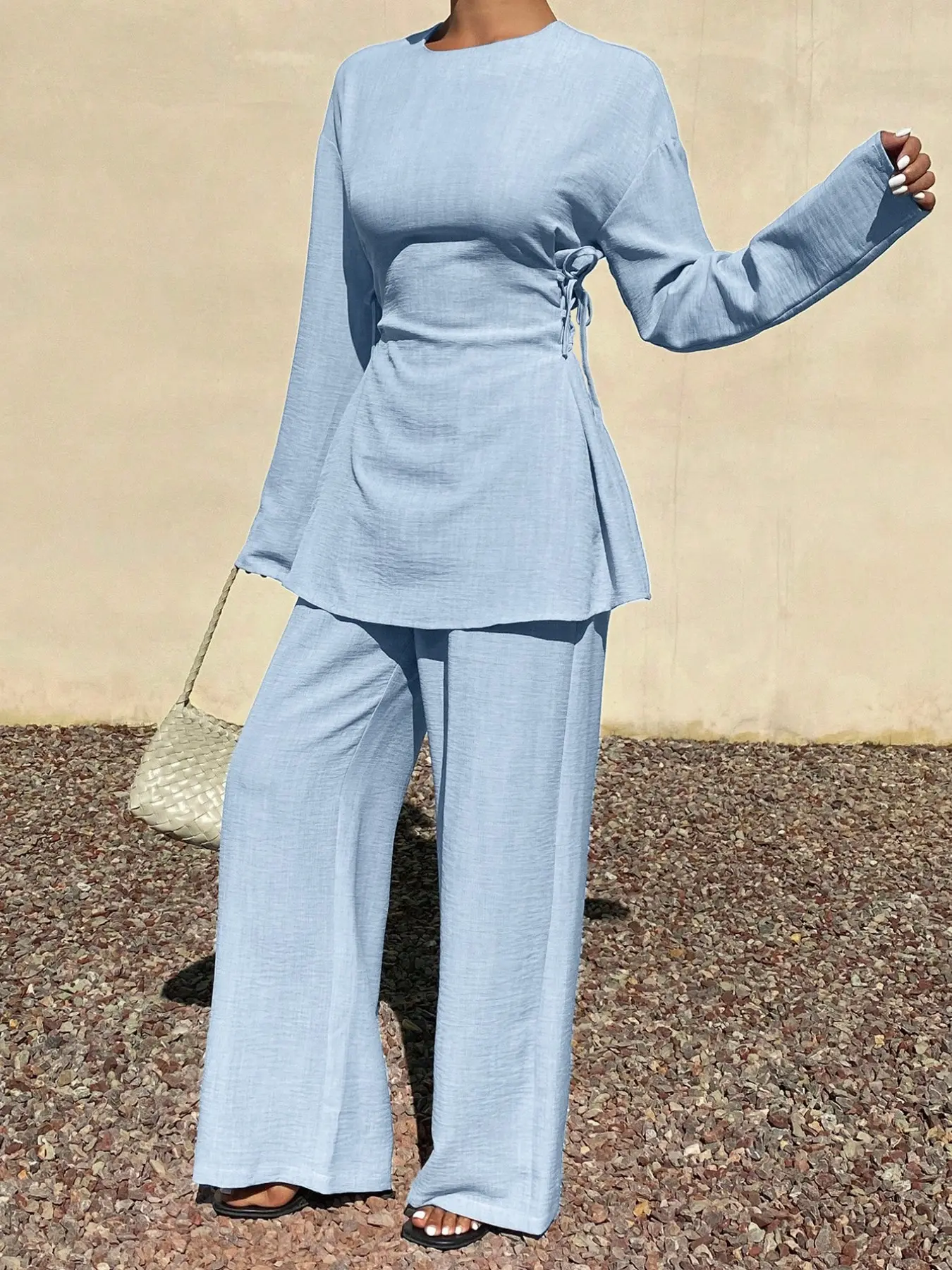 Women's 2-Piece Set, Round Neck Long Sleeve Loose Top with Drawstring Waist, High-Waisted Wide Leg Pants, Casual Fall & Winter