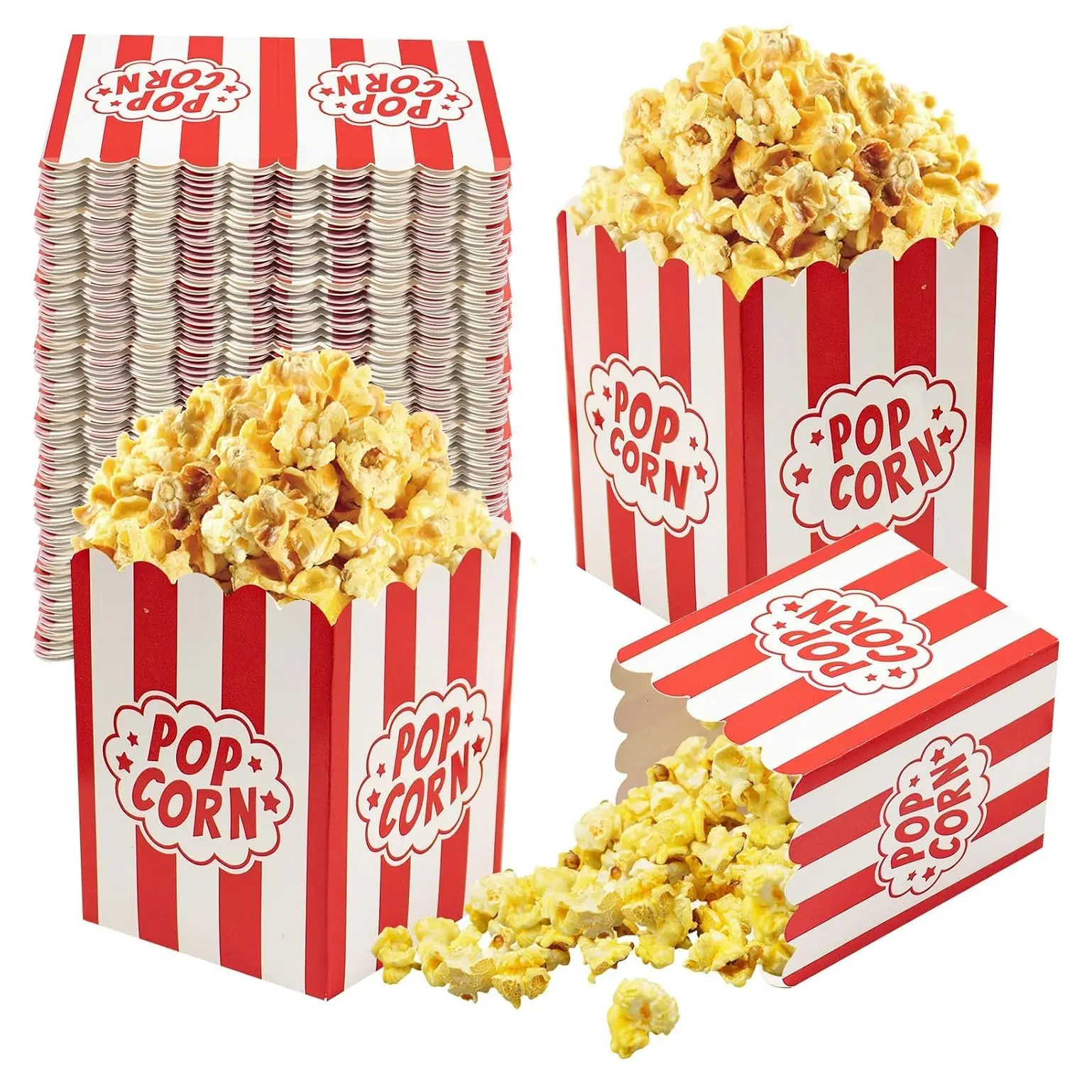 Mini Popcorn Boxes for Parties, 100 Pack – 3×4 Inch Red & White Striped Popcorn Bucket Boxes, Snack Bowl Containers for Movie Night, Candy Bar, Birthday & Events