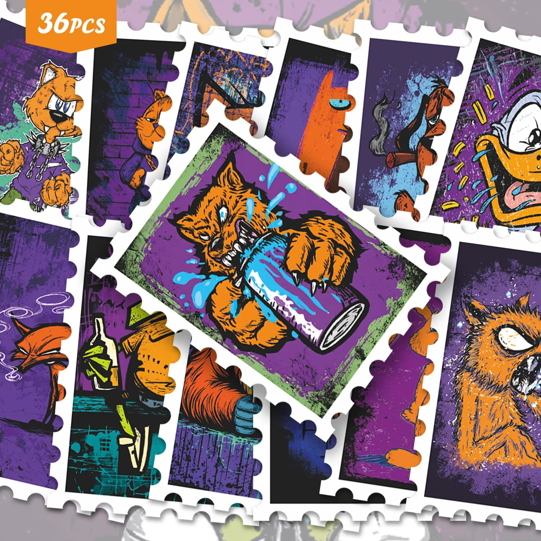 36 Pcs Retro Purple Background Graffiti Orange Cat Bear Vinyl Stickers Pack | Grunge Distressed Furry Animal Funny Expression Mug Firework Scene Border Art Decals | For Laptop, Water Bottle, Notebook, Luggage & Gift Decor | For Grunge Street Art & Scrapbo
