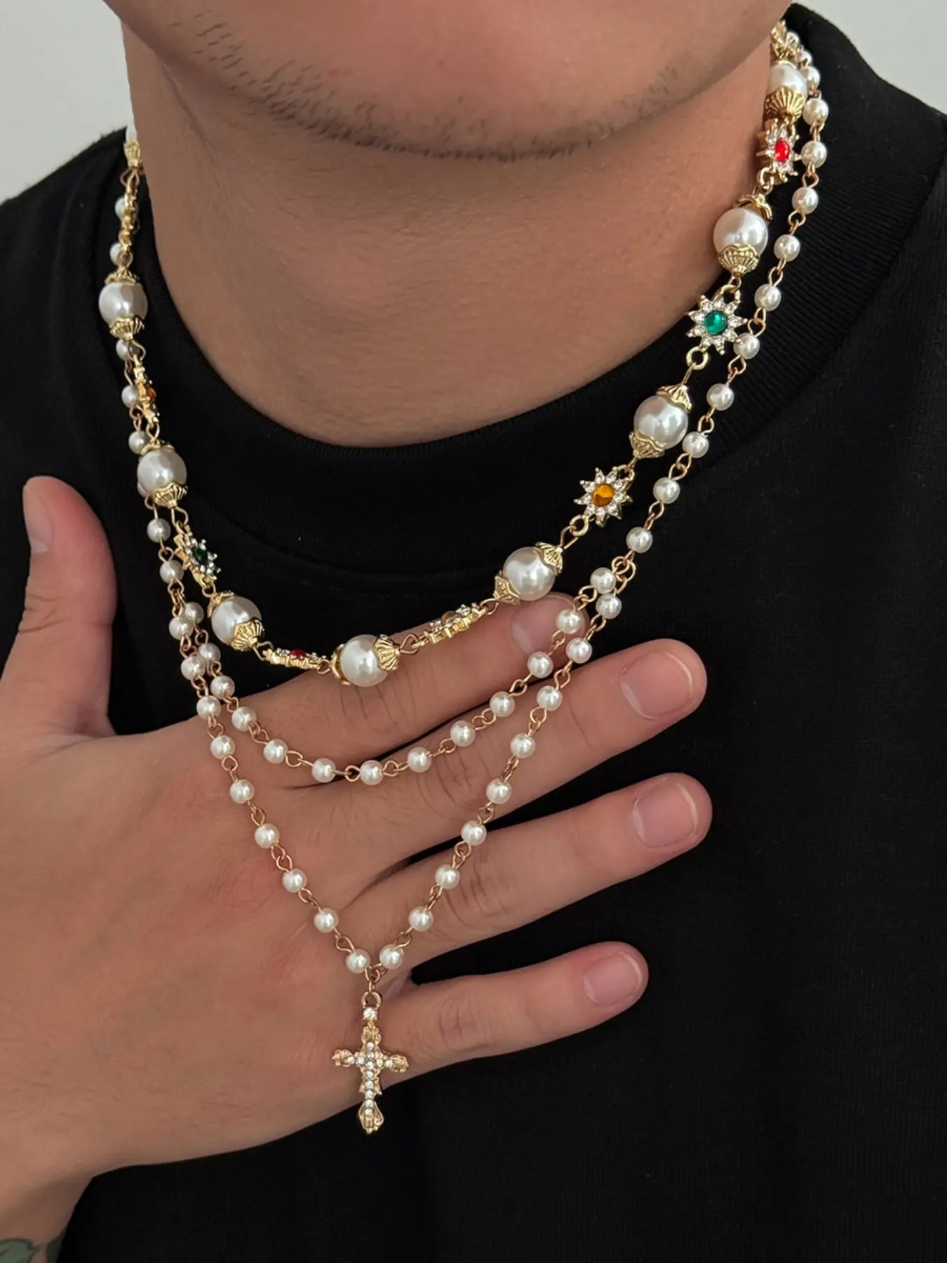 Layered Pearl Necklace, Unisex Fashion Jewelry, Versatile Accessory for Couples, Weddings, Music Festivals, Parties
