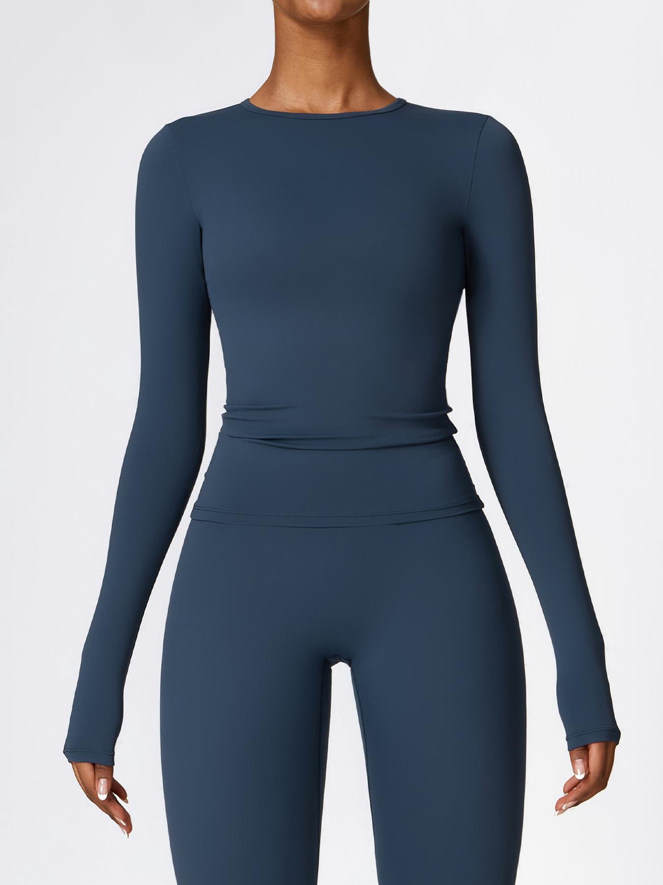 Women's Solid Long Sleeve Sports Tee, Sporty Round Neck T-shirt for Yoga Gym Workout Running, Ladies Sportswear for Spring & Fall, Gym Performance Top