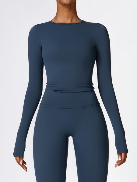 Women's Solid Long Sleeve Sports Tee, Sporty Round Neck T-shirt for Yoga Gym Workout Running, Ladies Sportswear for Spring & Fall, Gym Performance Top