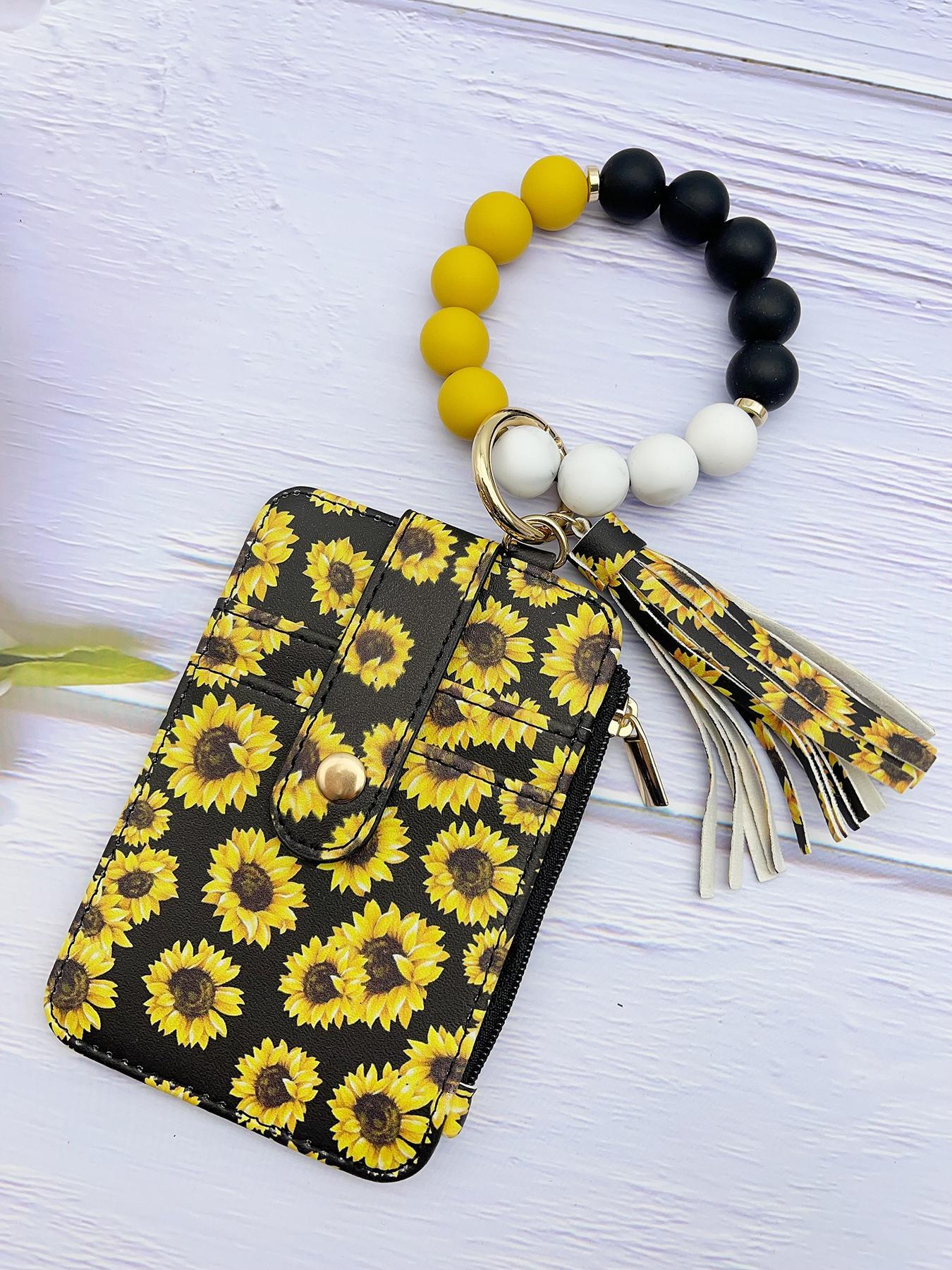 Fashion Leopard & Floral Pattern Beaded Wristlet Keychain, Boho Style Tassel Decorated Wallet Keychain for Women & Girls, Casual Trendy Accessories for Daily Use, Keychain Wristlet Strap