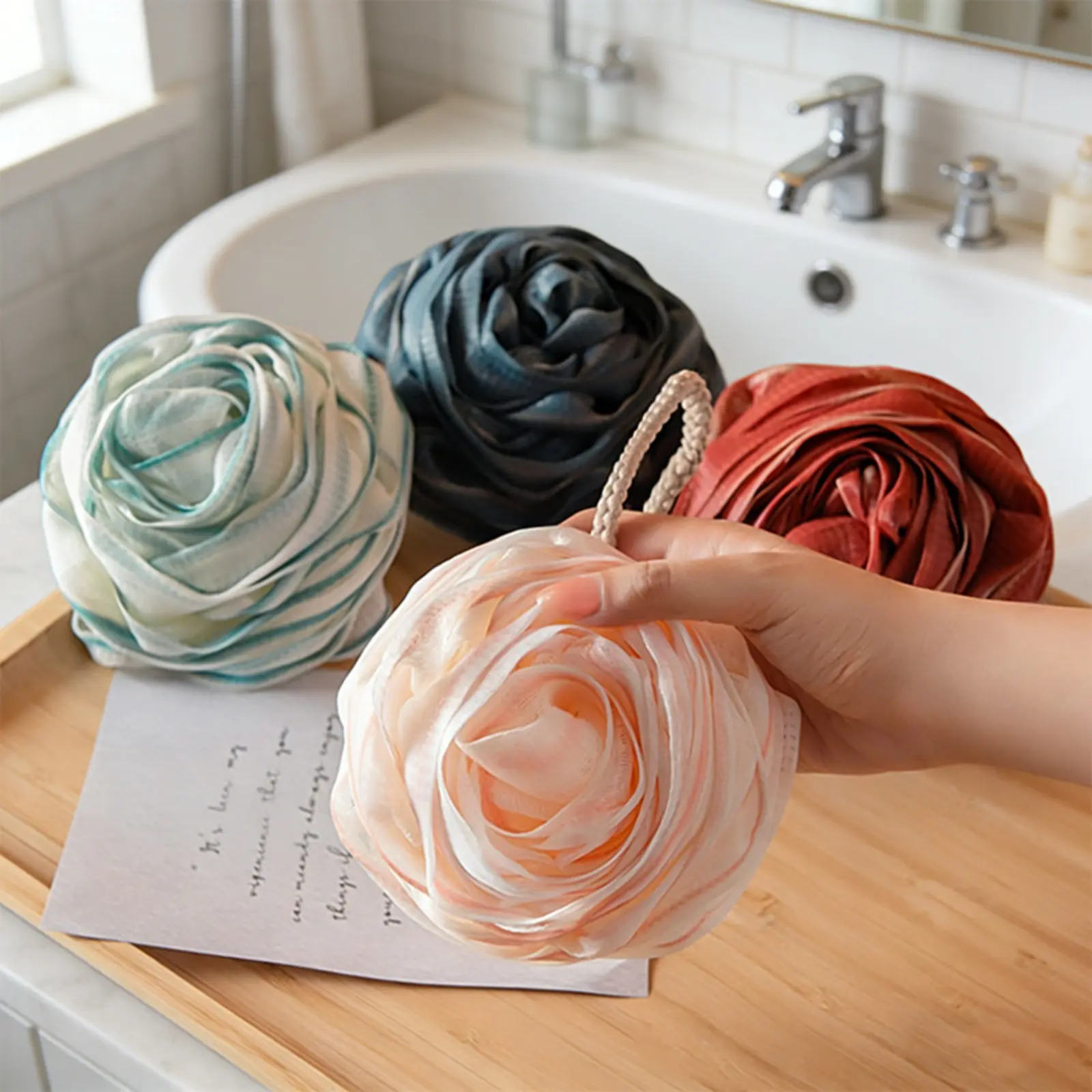 Large Premium Rose Shower Loofah for Women, Ultra Soft Fluffy Bath Sponge, Long-Lasting Bubble Body Scrubber That Won’t Fall Apart, Luxury Daily Shower Foam Bath Accessory