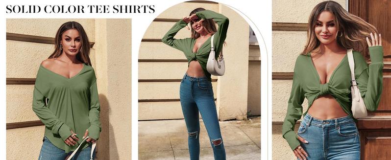 Imily Bela Womens Deep V Neck Tunic Tops Long Sleeve Oversized Casual Loose Fit Curved Hem T Shirts