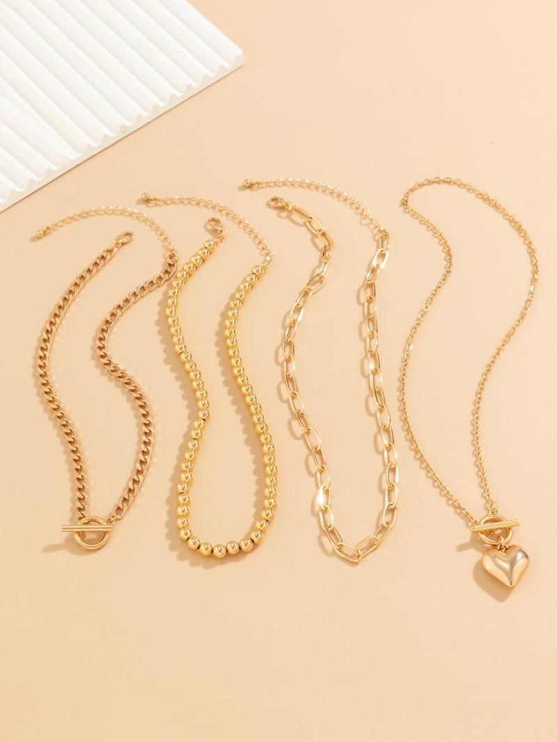 Women's Punk Style Love Heart Necklace & Chain Necklace & Beaded Necklace, Stackable Clavicle Chain, Multilayer Necklace, 4pcs/set Trendy Ot Buckle Design Matching Necklaces, Chic All-match Jewelry As Gift for Girlfriend, Exquisite Jewelry Gift